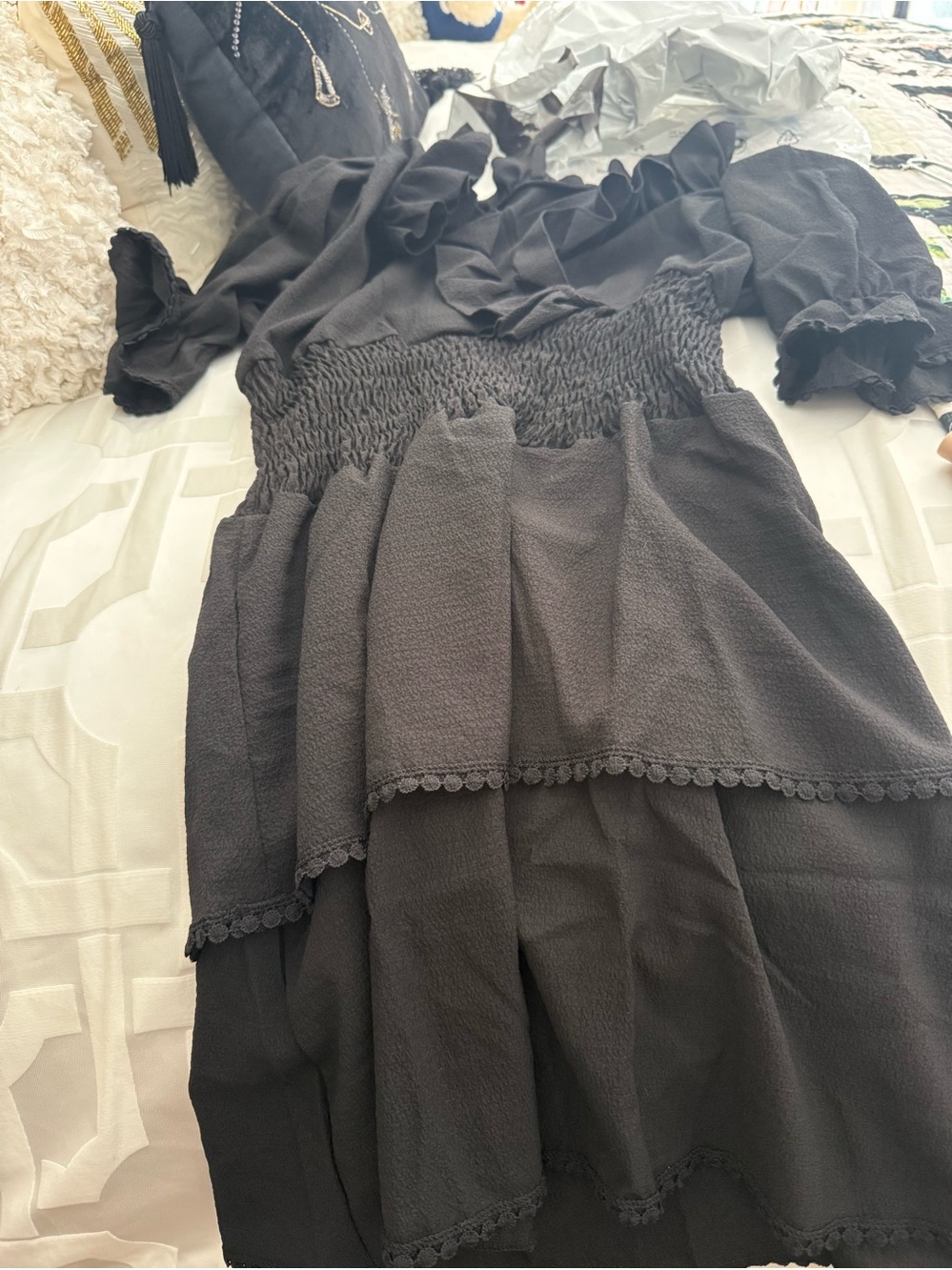 Black Smocked Ruffle Tiered Dress